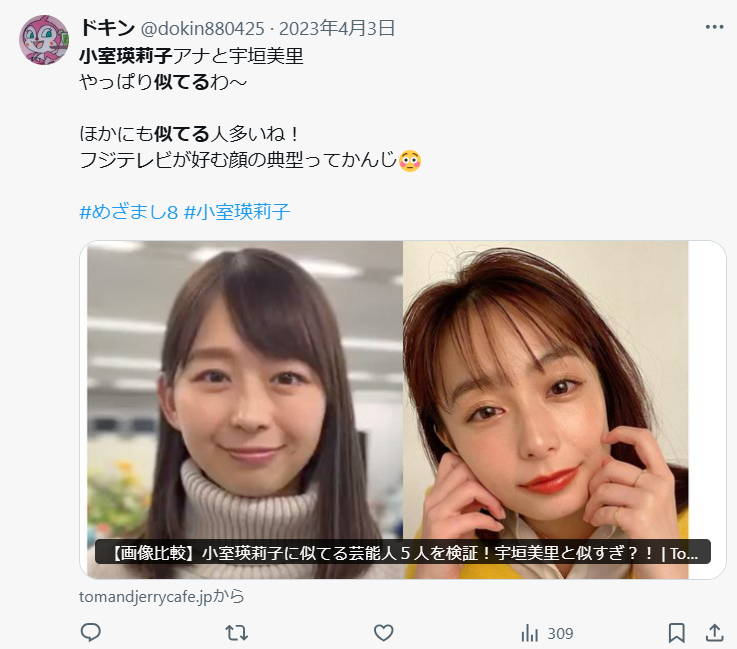 宇垣美里アナに似てるという声