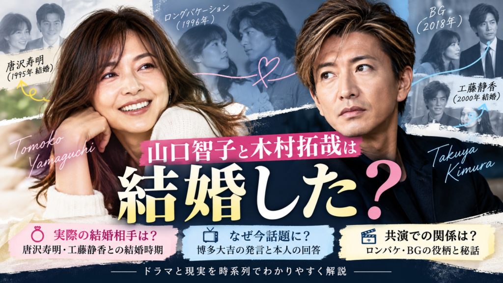 山口智子と木村拓哉は結婚した？実際の結婚相手とロングバケーションでの共演関係を解説するアイキャッチ画像