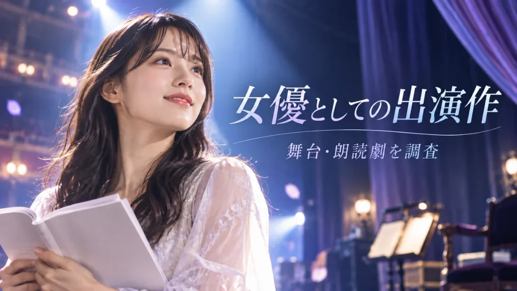伊藤理々杏の女優出演作|舞台・朗読劇の実績 「女優としての出演作 舞台・朗読劇を調査」と書かれた、台本と劇場舞台のAI生成イメージ