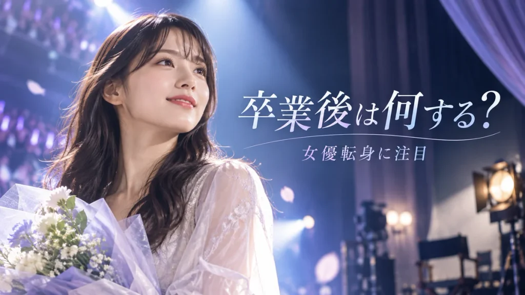 伊藤理々杏の卒業後の進路|女優活動のイメージ 「卒業後は何する? 女優転身に注目」と書かれた、舞台照明と花束を描くAI生成イメージ