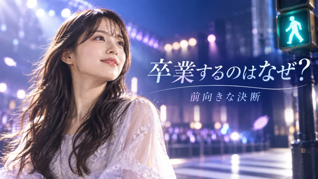伊藤理々杏が乃木坂46を卒業する理由|前向きな決断 「卒業するのはなぜ? 前向きな決断」と書かれた、横断歩道と青信号のAI生成イメージ